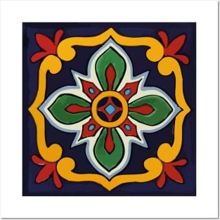 Navy blue clover talavera tile mosaic Posters and Art